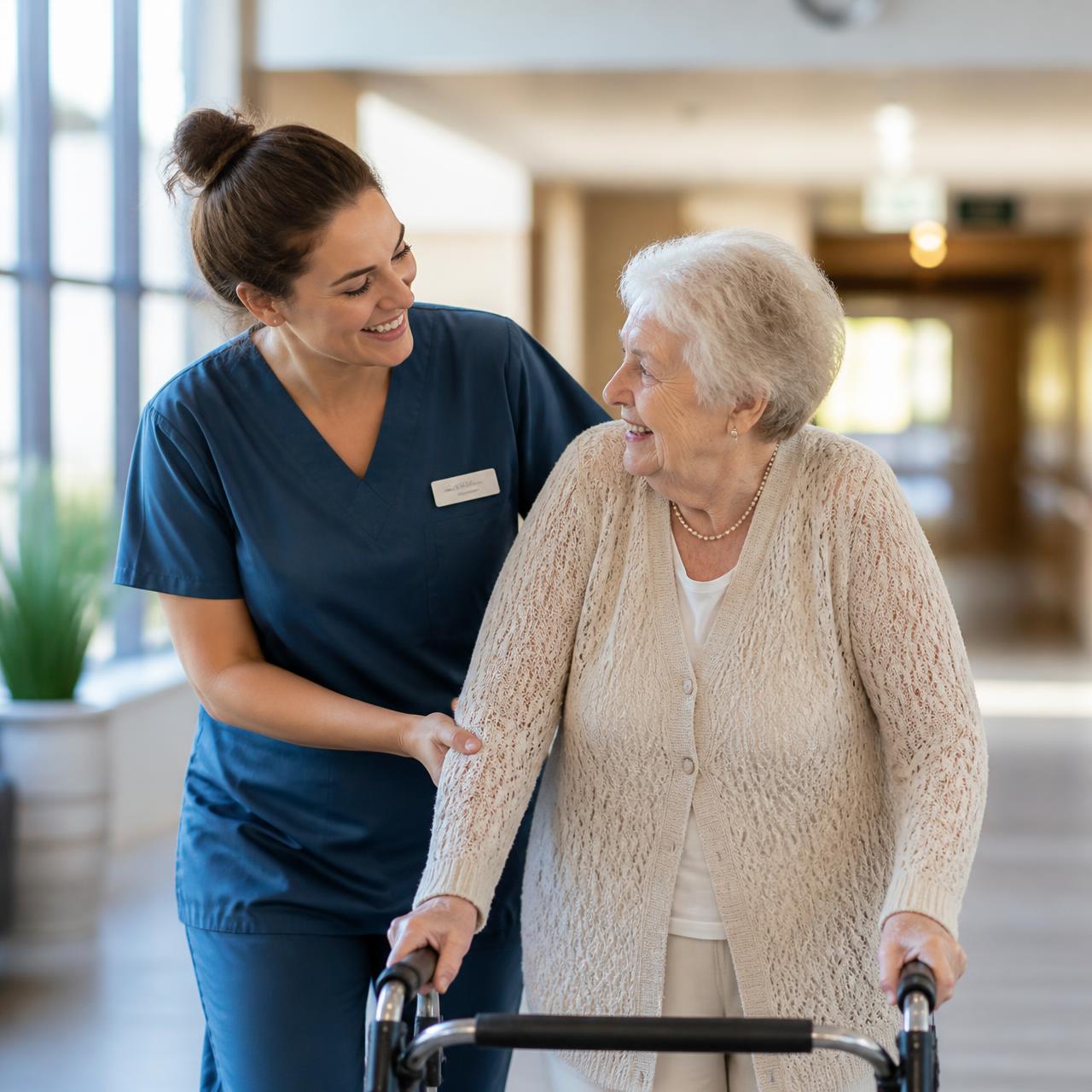 Personal Support Worker in navy scrubs assisting an elderly woman with a walker