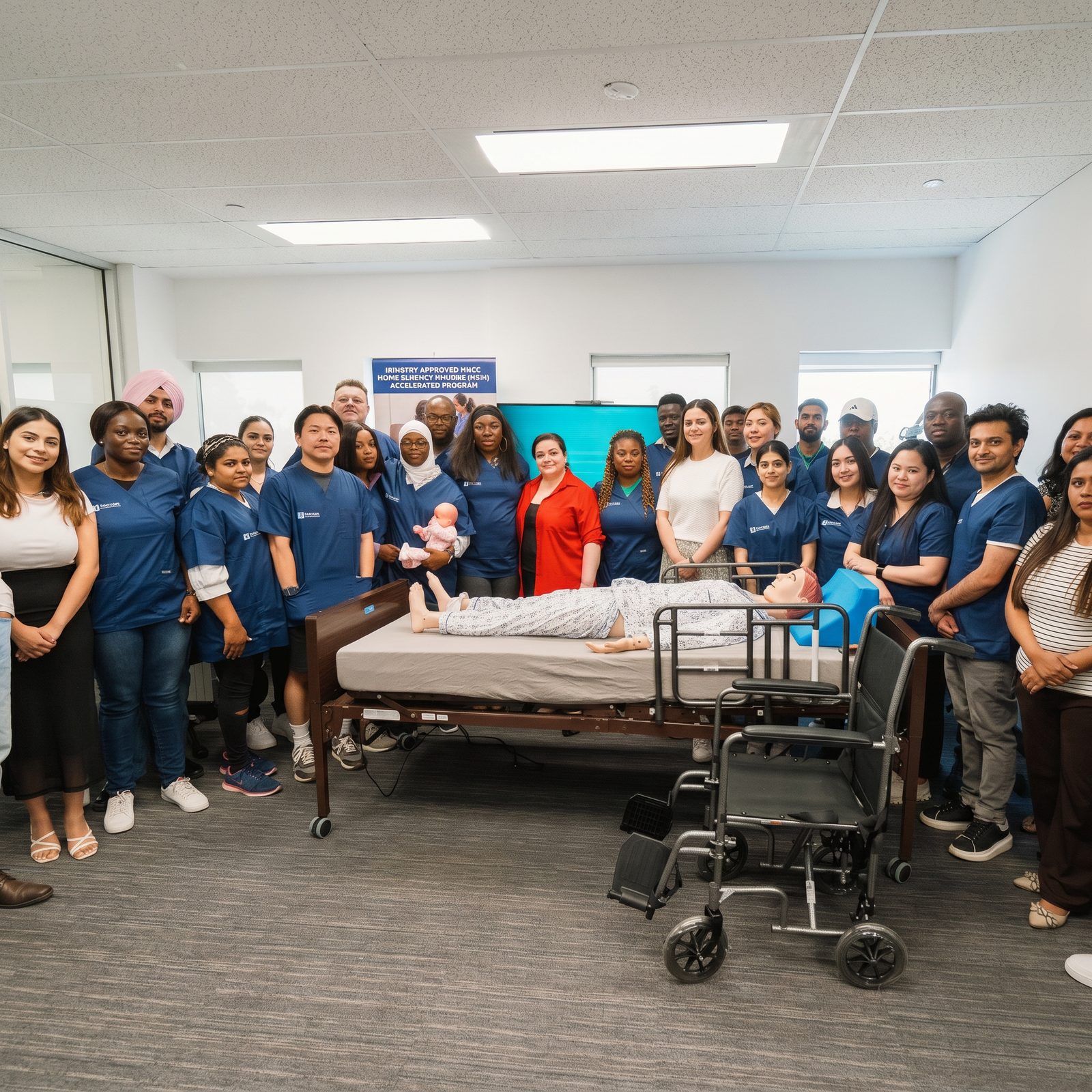 Diverse PSW students in a bright, modern training lab with a hospital bed, training mannequin, and wheelchair at Toronto Academy of Education